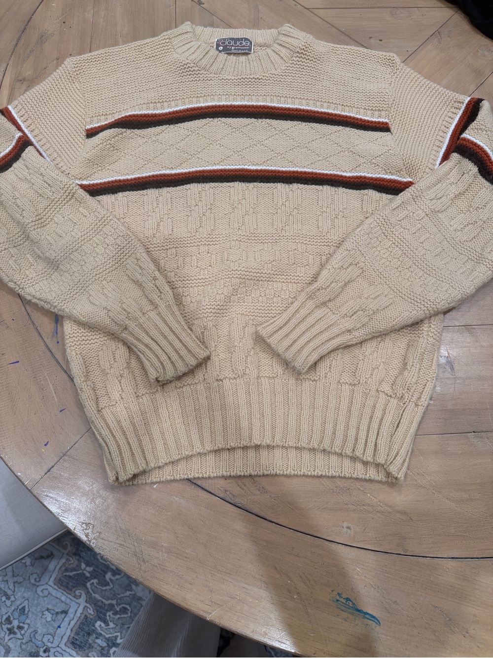 Vintage Grandpa Claude Cream Cable Knit Sweater with Stripe Detail Large